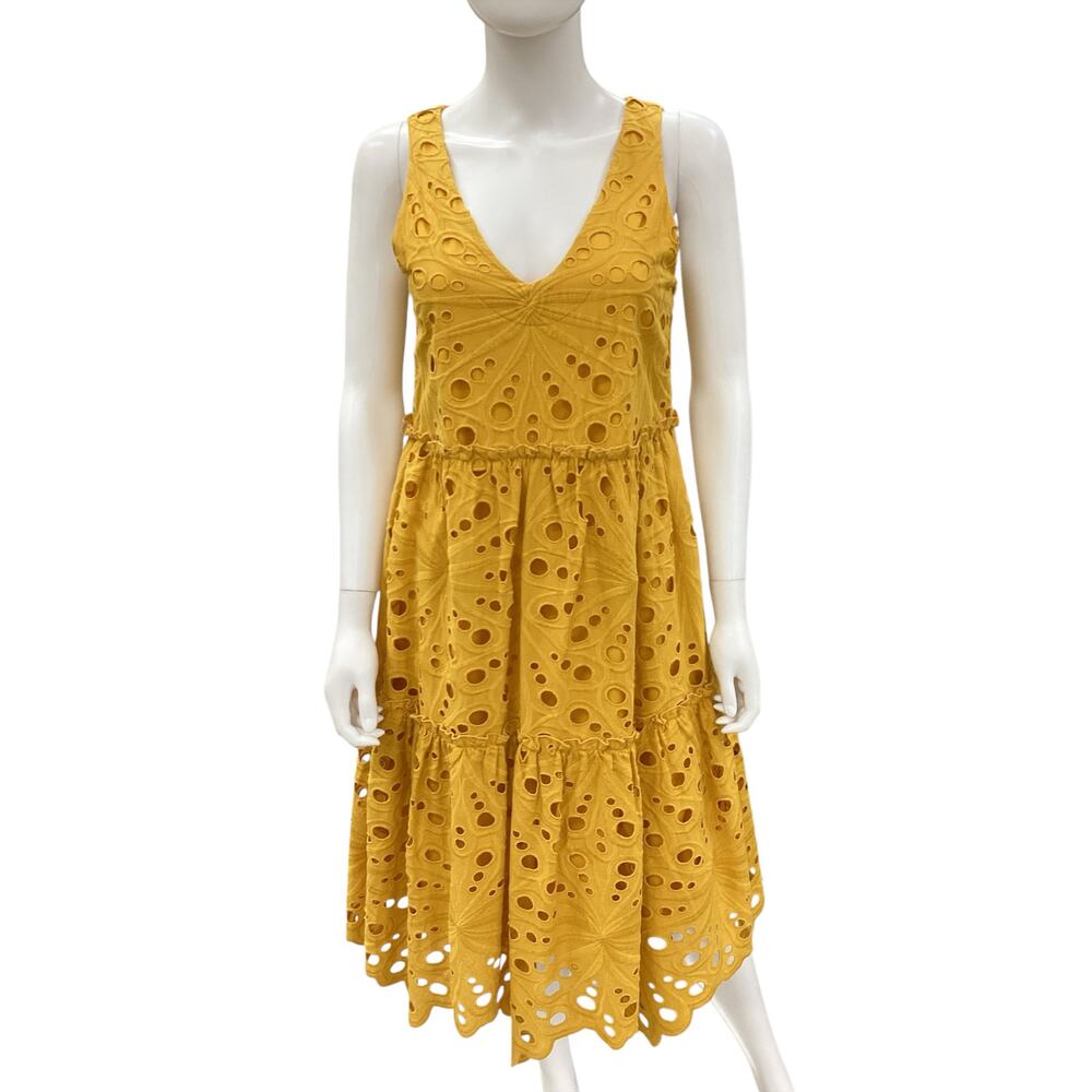 Trina Turk Dress Women’s SZ S Midi 100%Cotton Embroidered Eyelet Overlay Mustard